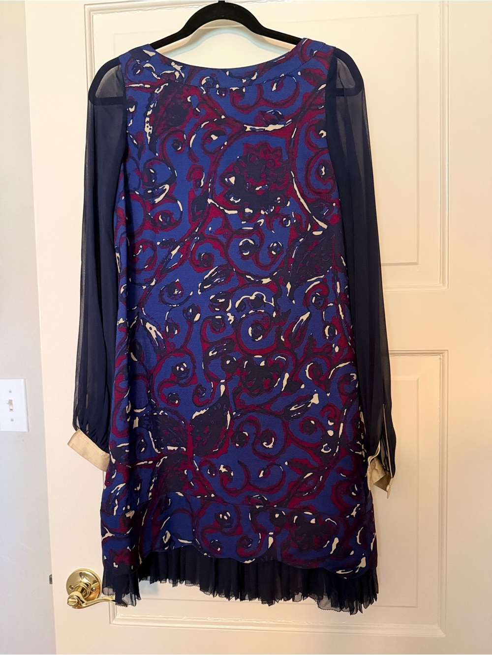 Tory Burch Navy and Burgundy Printed Long-Sleeve Shift Dress